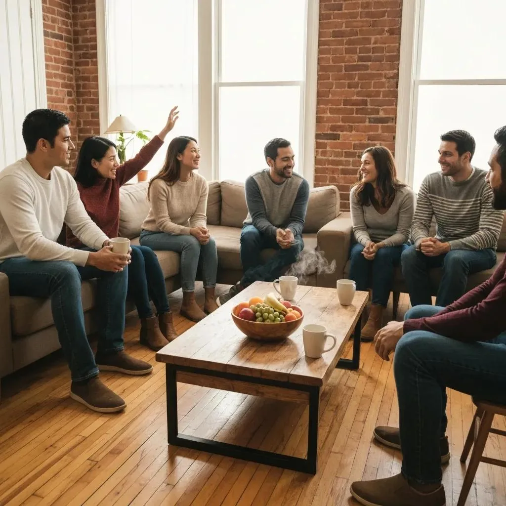 Group of individuals engaged in a supportive conversation during a rehabilitation alumni meeting, promoting long-term sobriety, with a coffee table featuring fruit and steaming mugs in a cozy, brick-walled setting.