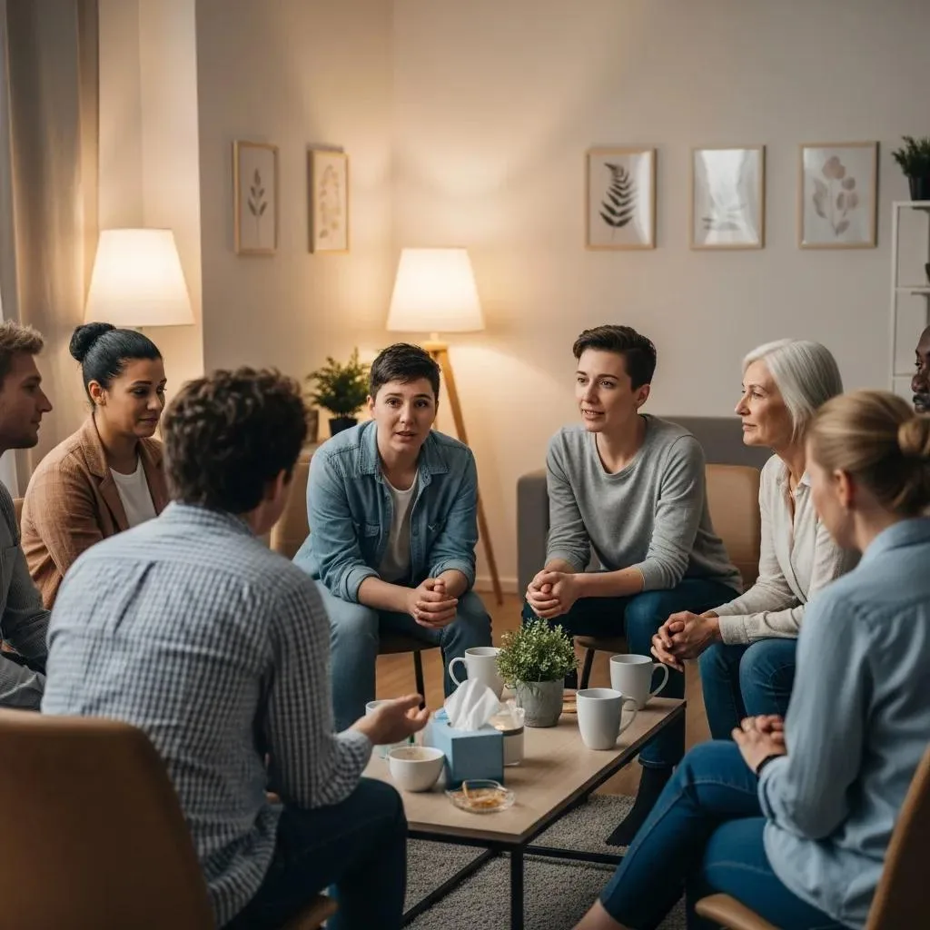 Identifying &Amp; Managing Relapse Triggers Support group meeting for addiction recovery, diverse individuals engaged in discussion, fostering connection and accountability in a supportive environment.