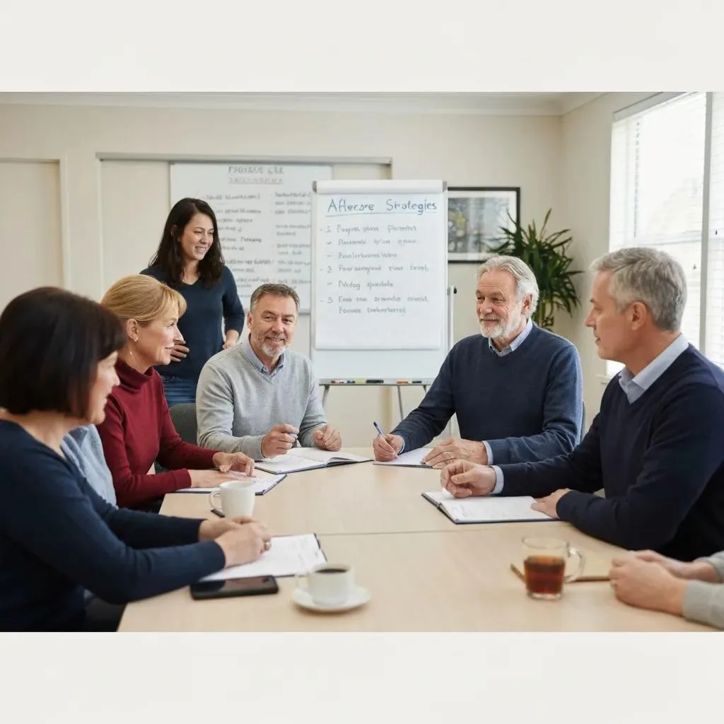 What Reviews Reveal About Success Rates Of Las Vegas Addiction Treatment Centers Group of adults engaged in a supportive aftercare meeting discussing relapse prevention strategies, with notes and a whiteboard displaying key points in a collaborative setting.