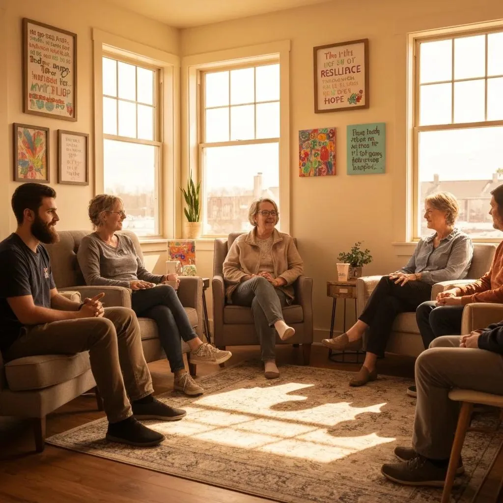 Aftercare Group Meeting In A Comfortable Community Room, Focusing On Connection And Recovery