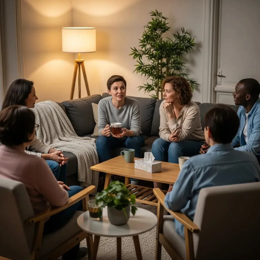 Effective Relapse Prevention Strategies Las Vegas Group of friends engaged in a supportive conversation in a cozy living room, emphasizing the importance of a strong support network in sobriety and recovery.