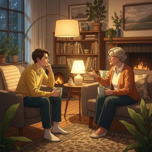 Blogs Supportive conversation between an elderly woman and a young man in a cozy living room, symbolizing mentorship and guidance in addiction recovery.