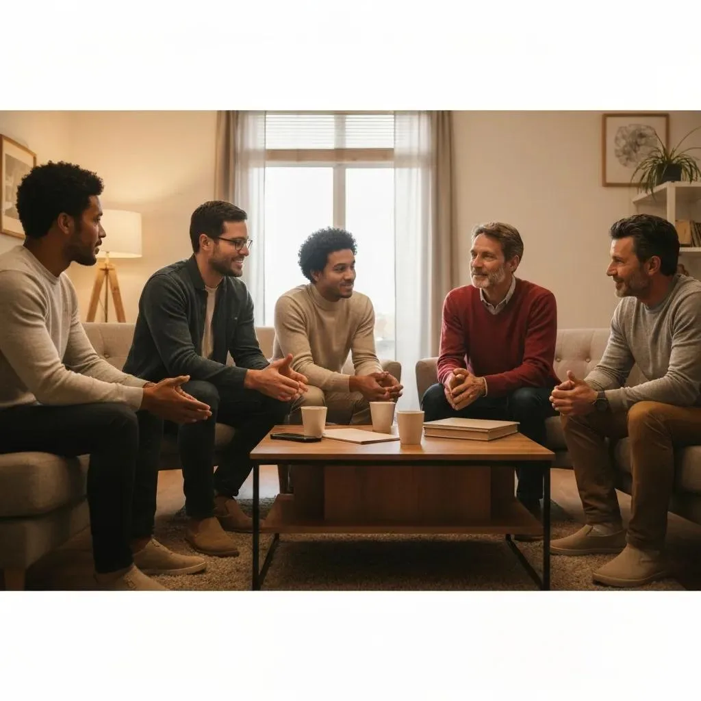 Group of men engaged in supportive conversation about addiction and mental health, seated in a cozy setting with coffee cups and a table displaying resources.