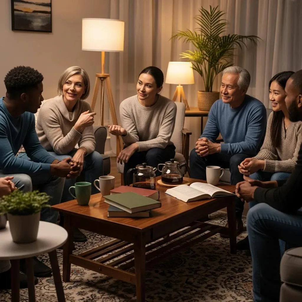 Addiction Terminology: A Quick Reference Guide Supportive group discussion on addiction recovery in a cozy living room setting, featuring diverse individuals engaged in conversation, with coffee, books, and a welcoming atmosphere.