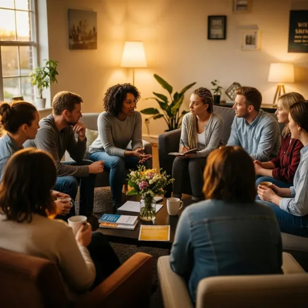 Supportive Group Discussion On Addiction Treatment Options In A Warm, Inviting Environment