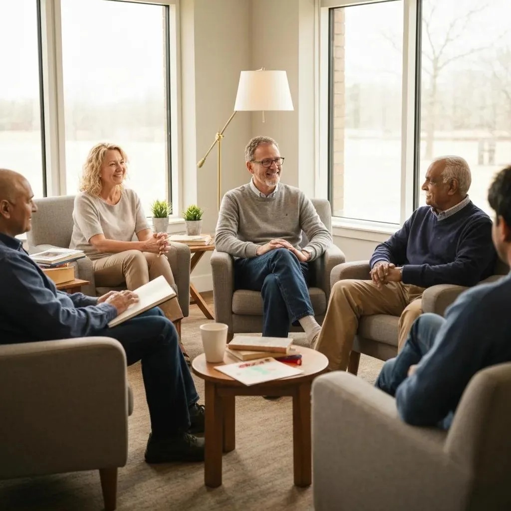 Top Detox Centers In Las Vegas, Nevada Supportive group therapy session at a detox center, emphasizing community and connection in recovery, featuring diverse individuals engaged in discussion.