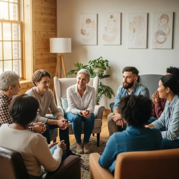Blogs Supportive group therapy session for addiction recovery, emphasizing compassion and community, featuring diverse individuals engaged in discussion in a warm, inviting setting.