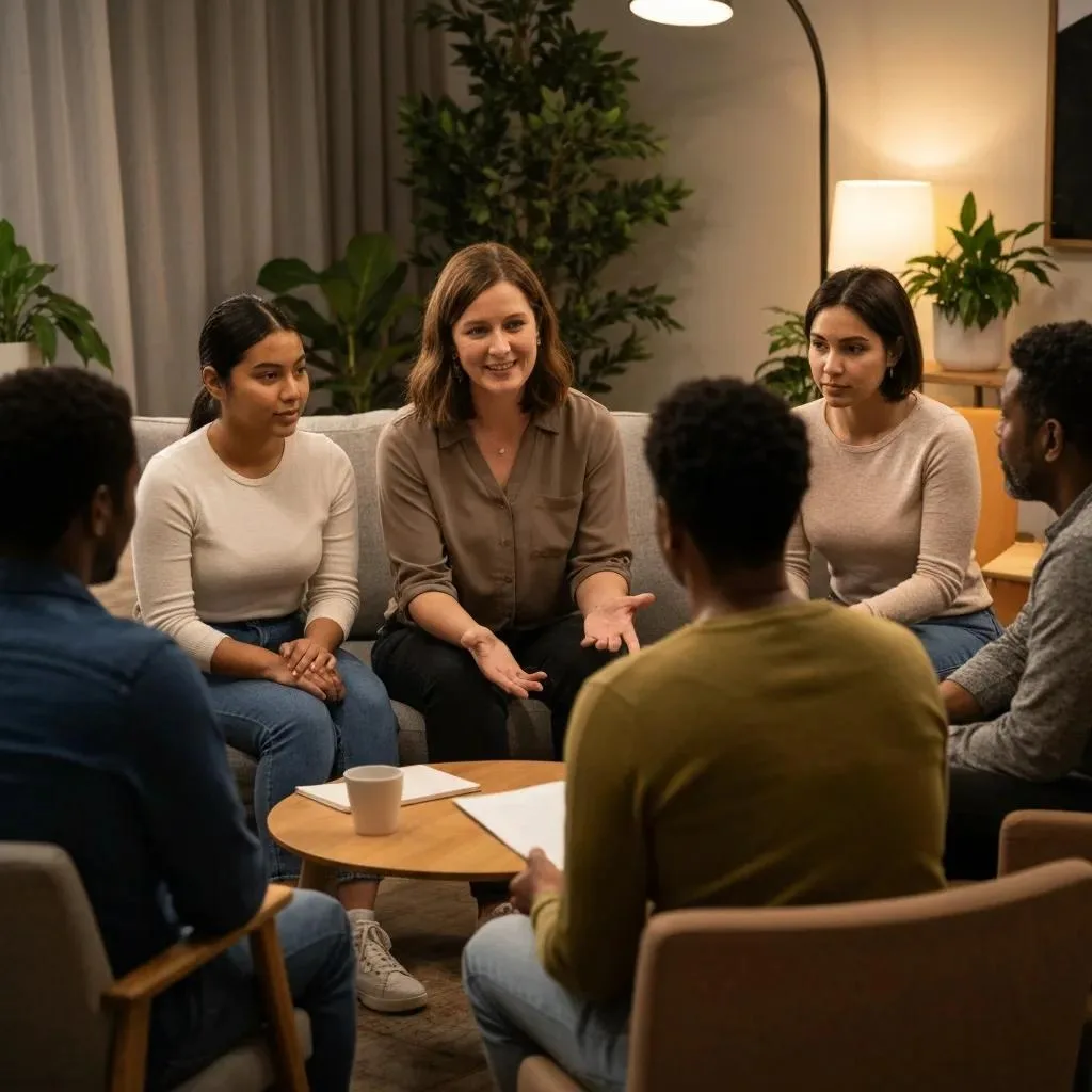 Supportive group therapy session for opioid addiction recovery, featuring diverse individuals engaged in discussion, emphasizing community support and healing in Nevada.