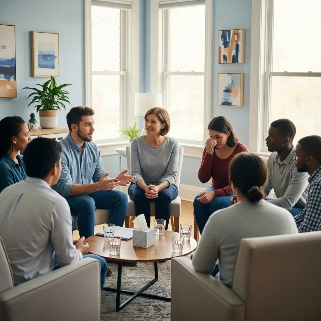 Alcohol Addiction Treatment And Recovery Programs Supportive Group Therapy Session Highlighting The Benefits Of Inpatient Alcohol Rehab Programs