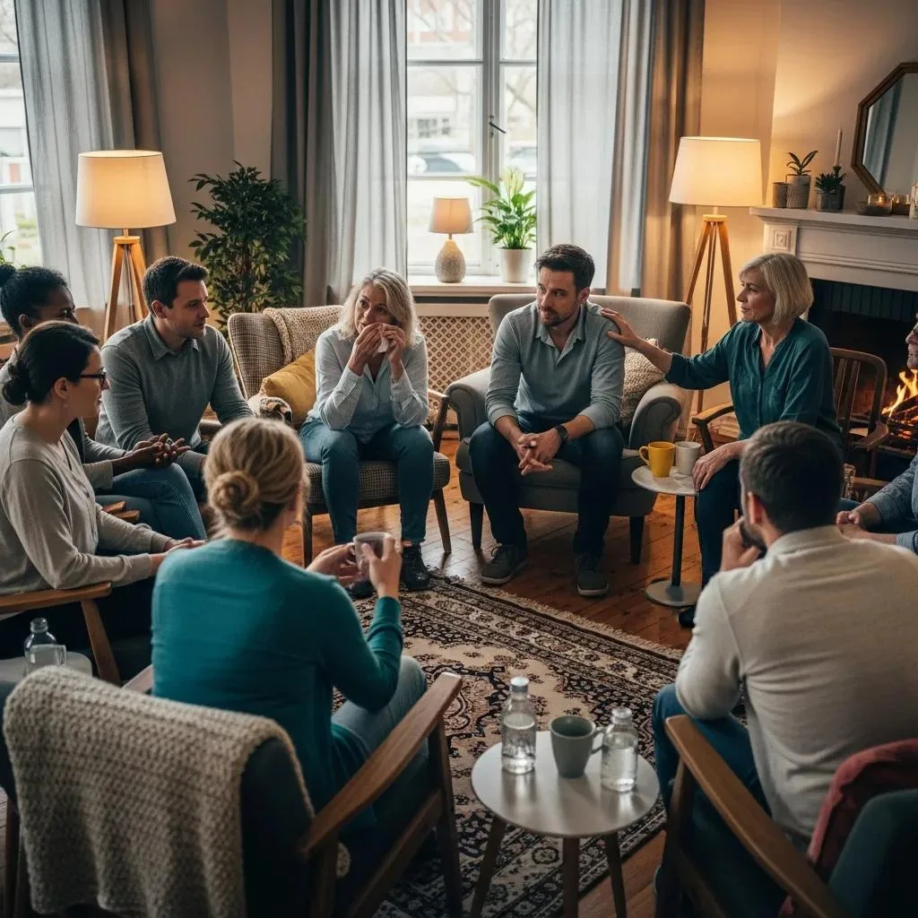 Betterchoice Alumni Program Las Vegas Supportive group therapy session in a cozy setting, illustrating community and connection in recovery, with participants engaging and sharing experiences.