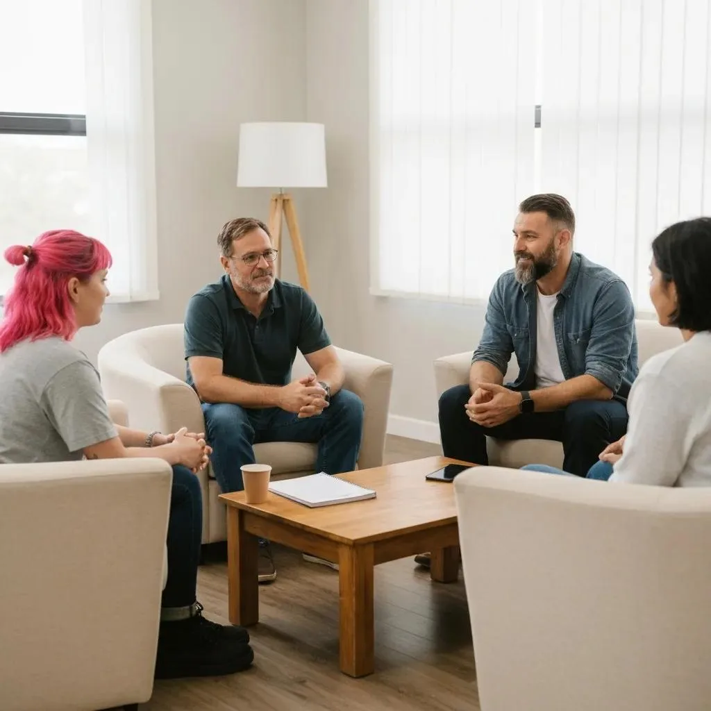 Discover Effective Addiction Therapy Options In Las Vegas Supportive group therapy session in a comfortable setting for addiction recovery, featuring four participants engaged in discussion around a coffee table with notepad and drinks.