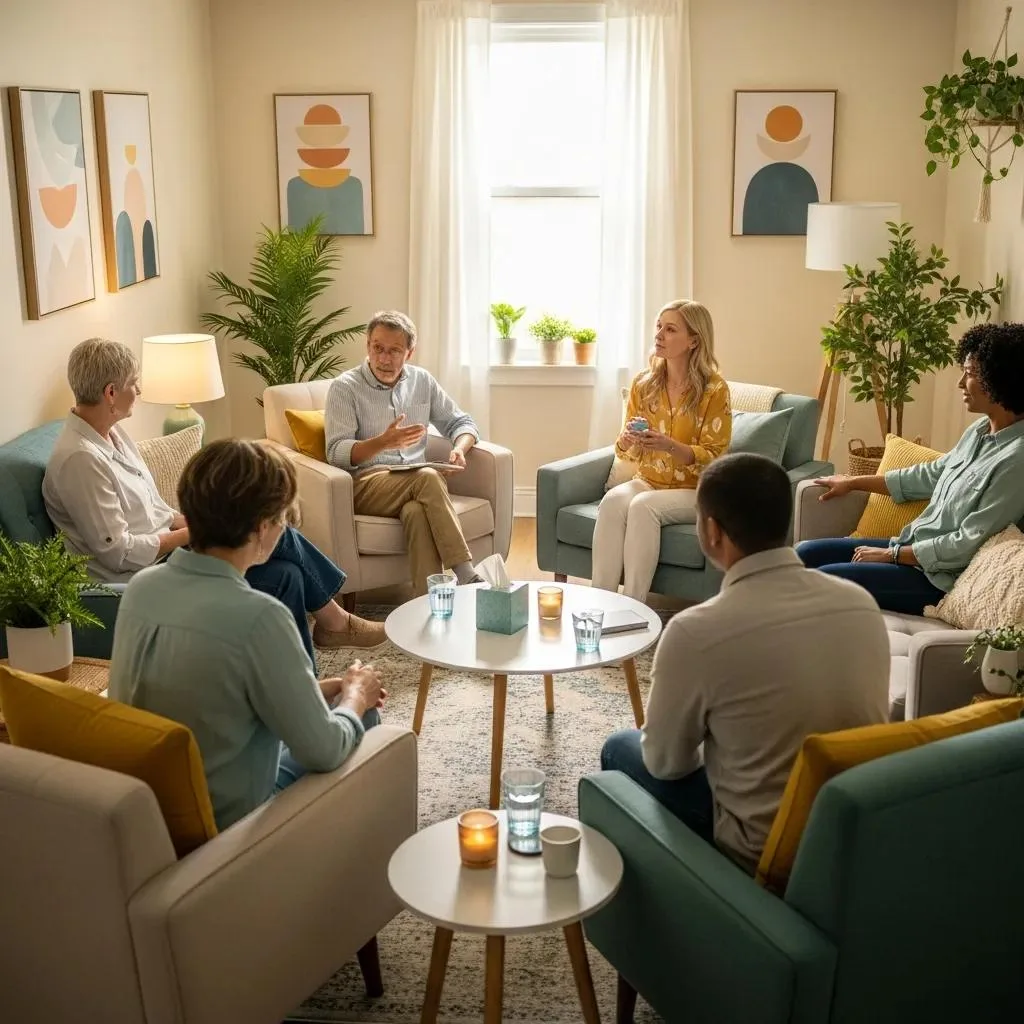 Supportive group therapy session in a cozy environment, showcasing participants engaged in discussion, emphasizing the benefits of inpatient rehab programs for substance abuse recovery.