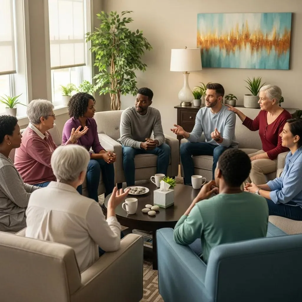 Addiction Treatment &Amp; Rehab Paradise, Nevada Group therapy session in a cozy inpatient rehab setting, emphasizing community support and healing, with diverse participants engaged in discussion and sharing experiences.