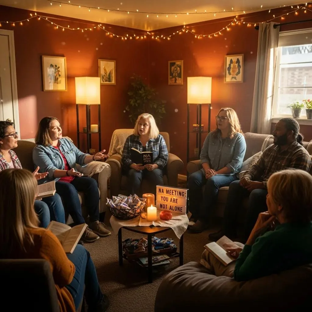 Na Meetings Las Vegas: Find Local Support Groups Diverse participants engaged in a Narcotics Anonymous meeting in a cozy setting, sharing experiences, with a sign reading "NA MEETING: YOU ARE NOT ALONE" and a candle on the table, emphasizing community support in Las Vegas recovery efforts.