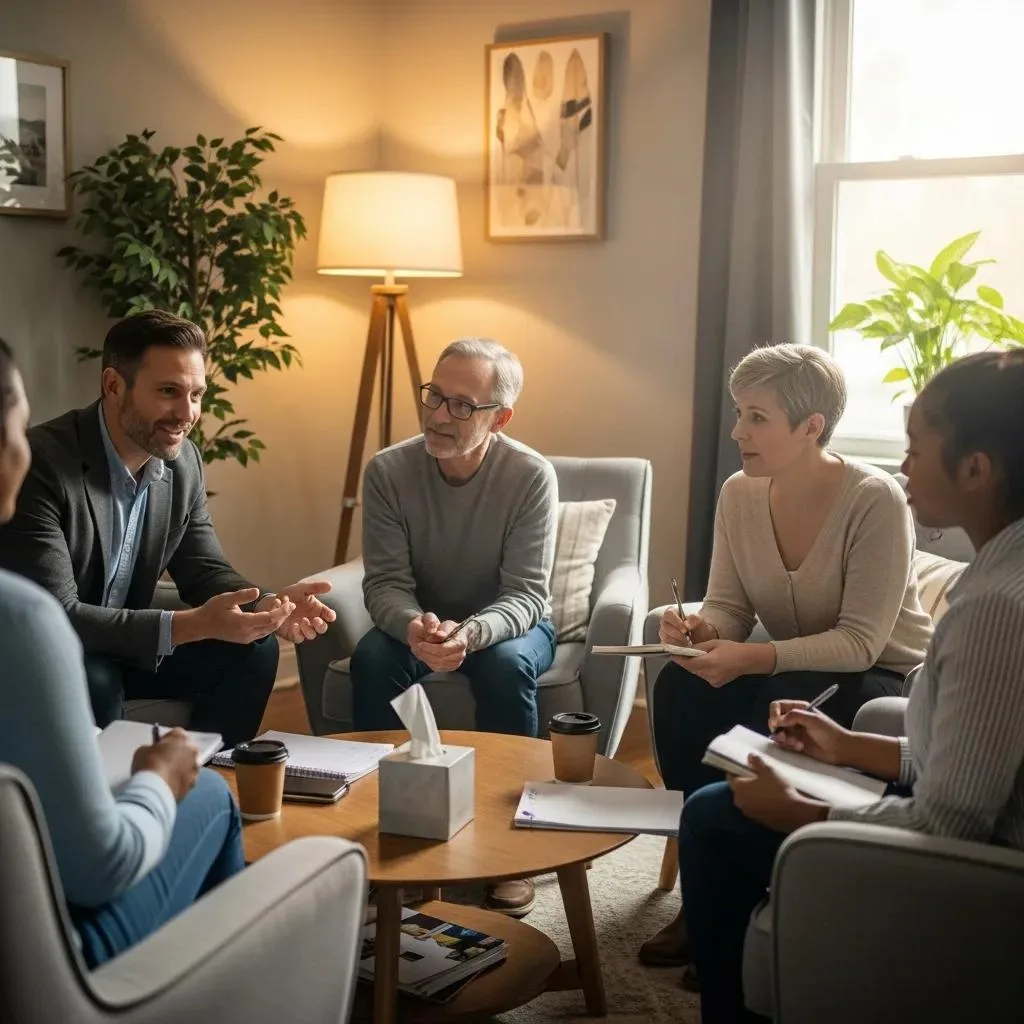Supportive Outpatient Therapy Session With A Therapist And Clients Engaged In Conversation In A Cozy Setting