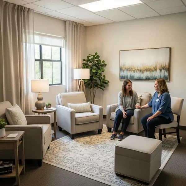 Blogs Cozy therapy room with two women engaging in supportive conversation, emphasizing integrated treatment for eating disorders and addiction recovery.