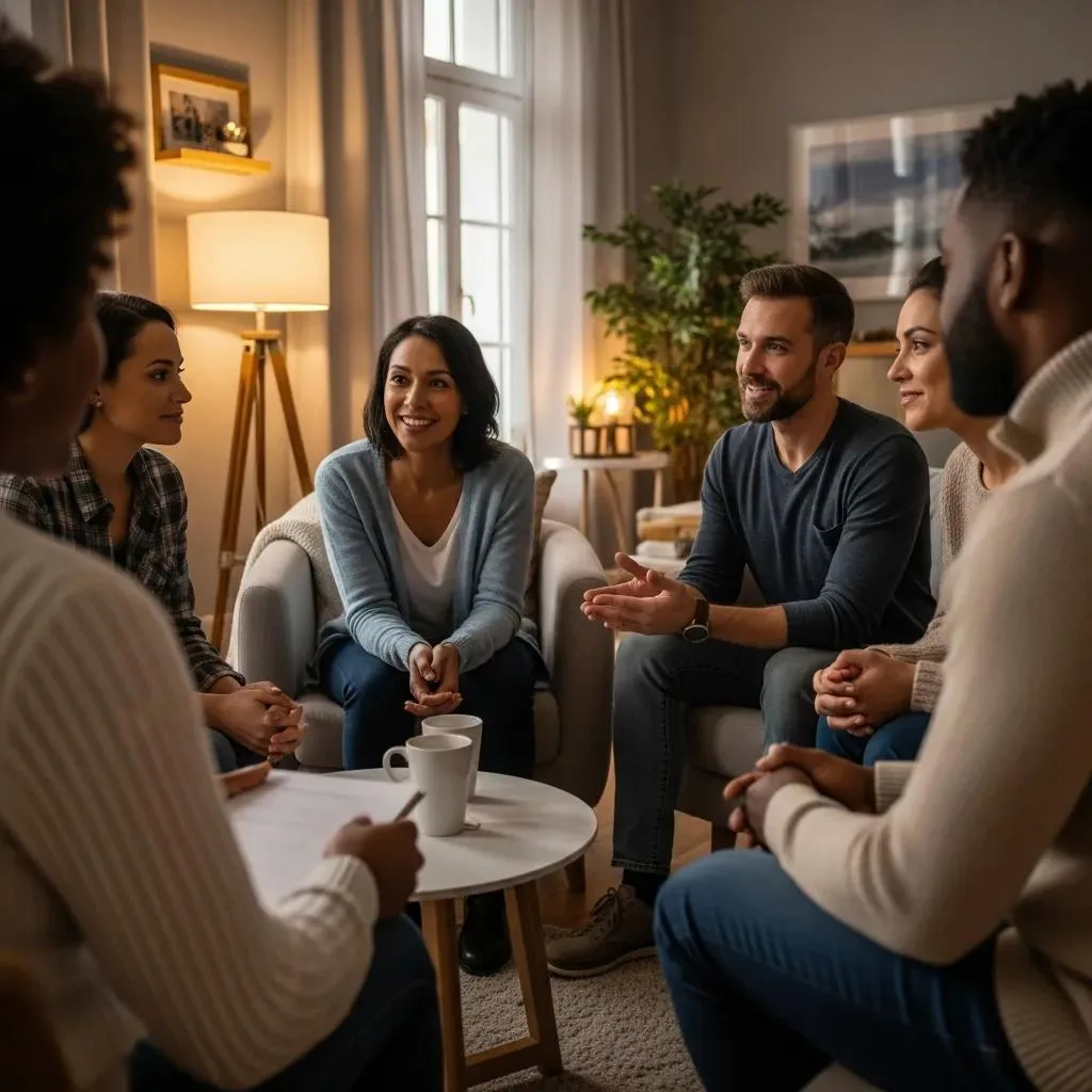 Codependency &Amp; Addiction: Breaking Unhealthy Patterns Group therapy session focused on codependency and addiction recovery, featuring diverse participants engaged in discussion, with a warm and supportive setting.