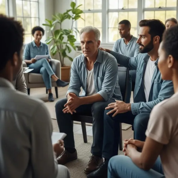 Blogs Supportive therapy session for opioid addiction recovery in a warm, inviting environment, featuring a diverse group of individuals engaged in discussion, emphasizing community and emotional support.