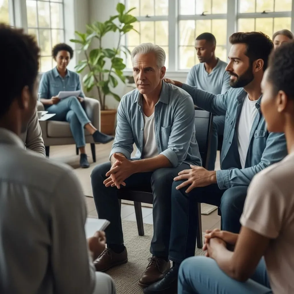 Opioid Addiction: Understanding The Crisis &Amp; Recovery Group therapy session for opioid addiction recovery, featuring a supportive environment with participants engaged in discussion and emotional support.