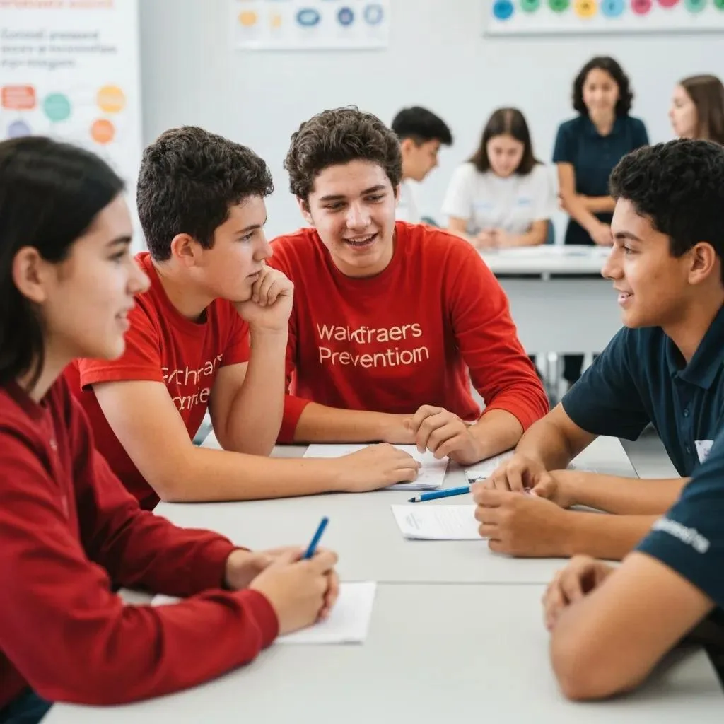 Understanding Drug Trends And Addiction In Las Vegas Teenagers engaged in a school-based substance abuse prevention program, collaborating at a table with materials and discussing prevention strategies.