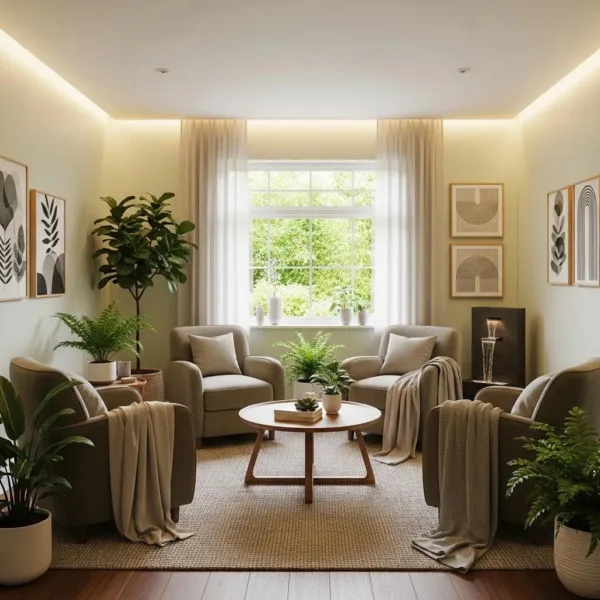 Therapeutic Recovery Environment With Calming Decor And Comfortable Furniture