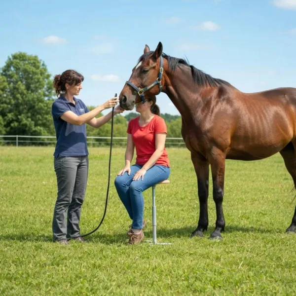 Therapist And Client Engaging In Equine-Assisted Therapy With A Horse In A Tranquil Outdoor Setting
