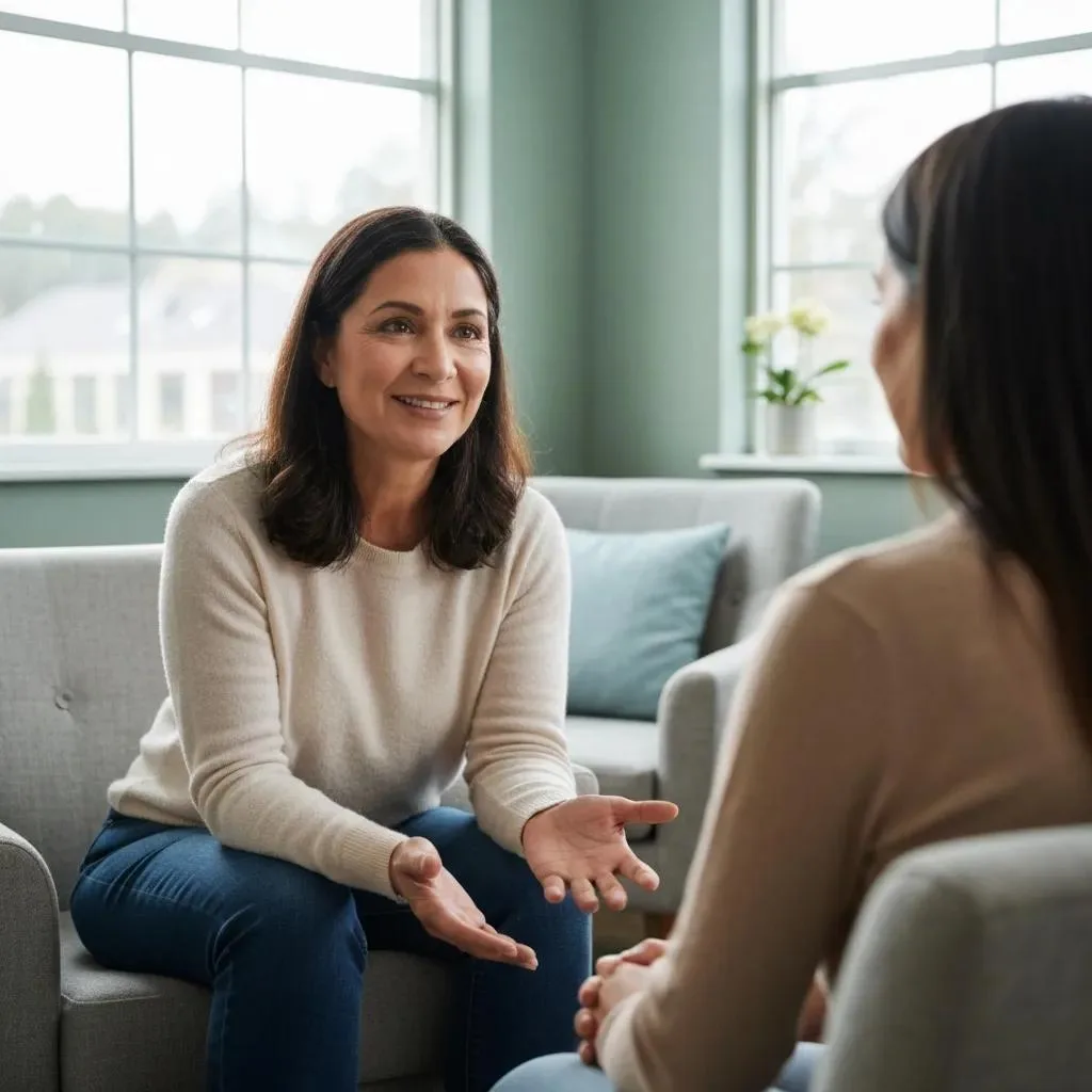 Therapist engaging in a trauma-informed care session with a client, emphasizing safety and collaboration in a comfortable, supportive environment.