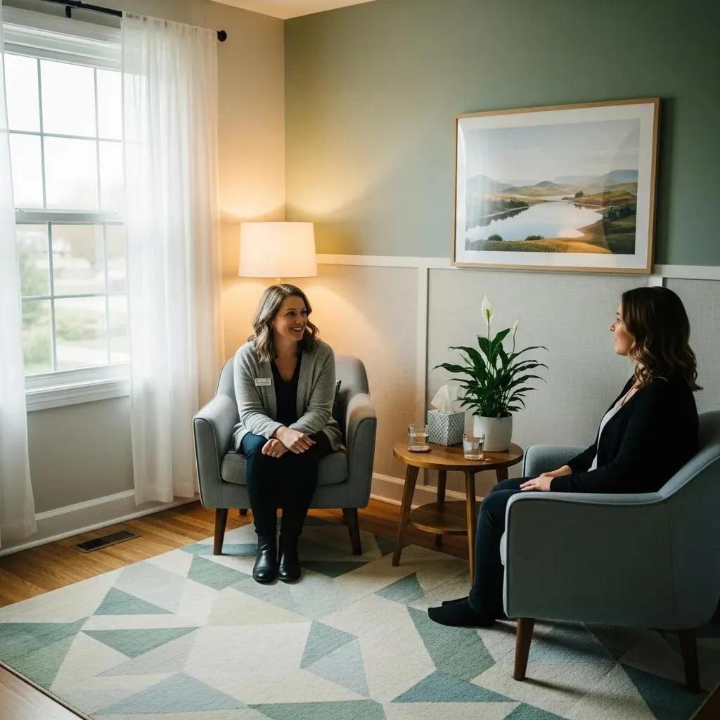 Therapist and client engaged in a supportive conversation in a trauma-informed care setting, emphasizing safety and collaboration in addiction recovery.