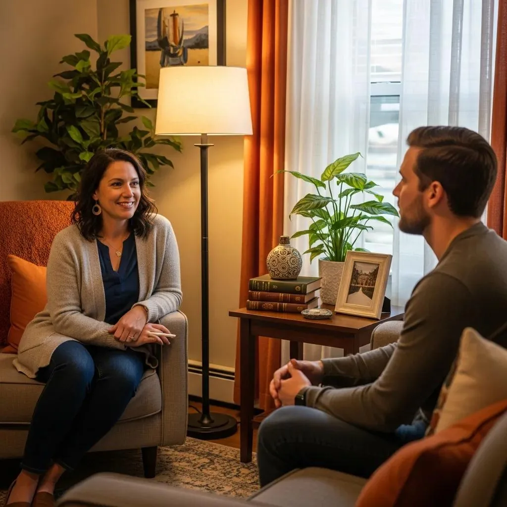 Therapist And Patient In A Personalized Counseling Session In A Comfortable Therapy Room