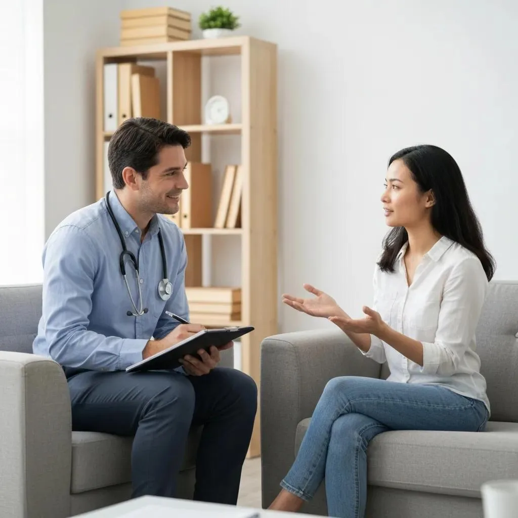 Therapist and patient engaged in a supportive counseling session for addiction treatment, focusing on recovery and mental health discussions.