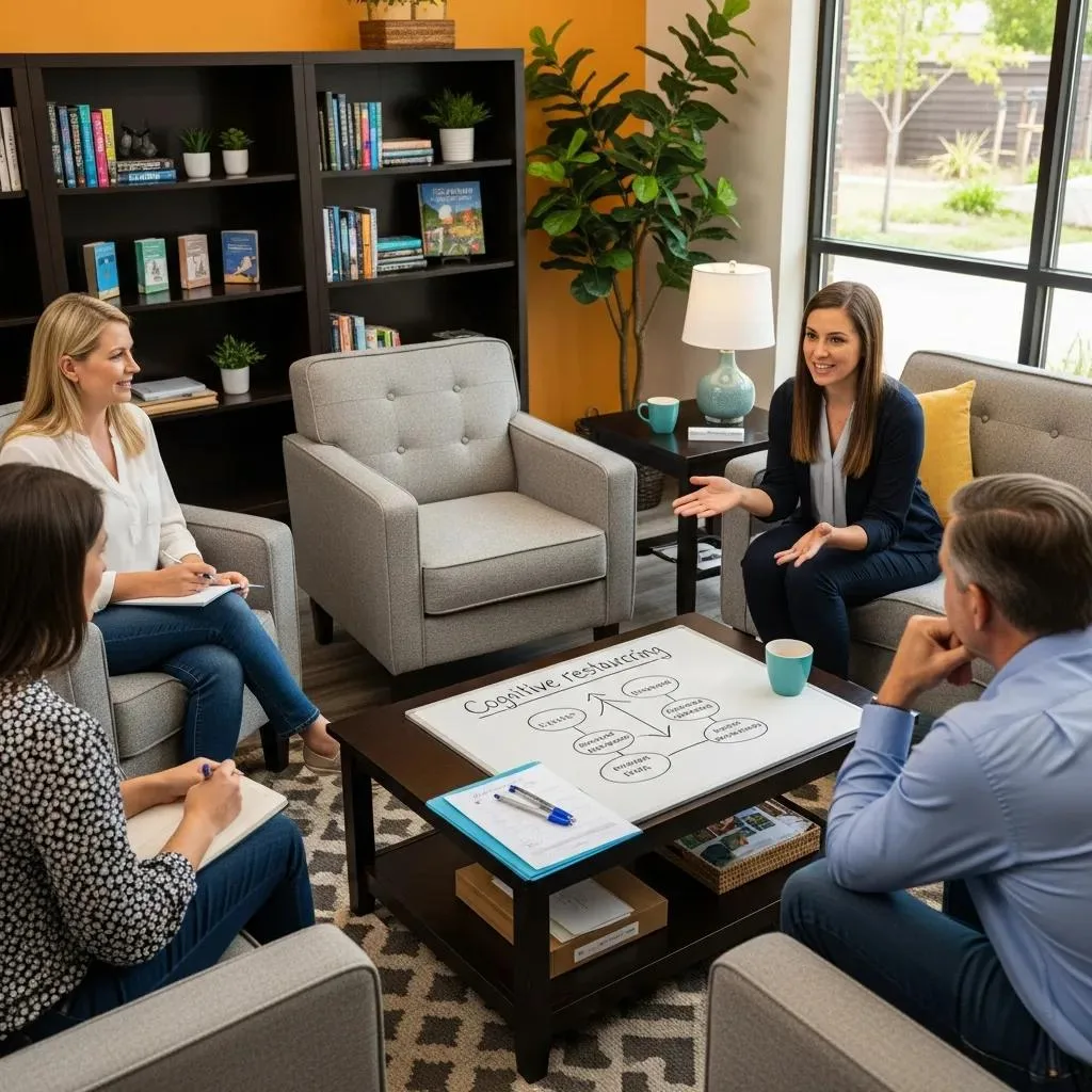 Cbt For Addiction Treatment &Amp; Recovery Group therapy session at BetterChoice Treatment Center, therapist discussing cognitive restructuring techniques, participants engaged, whiteboard with flowchart on coping strategies, comfortable seating and supportive environment.