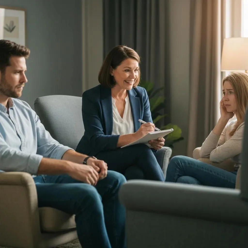 Therapist Guiding A Joint Therapy Session With A Couple, Focusing On Communication And Coping Skills