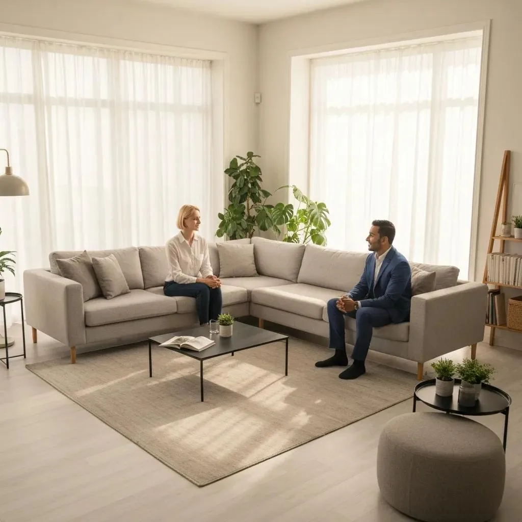 Therapist guiding a patient through cognitive restructuring techniques in a cozy therapy office, emphasizing a supportive environment for addiction recovery.