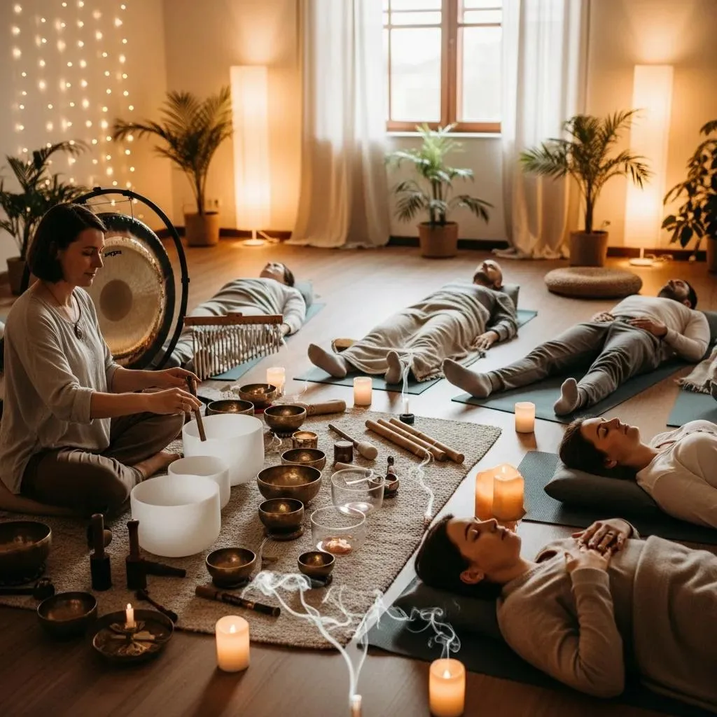 Therapist Guiding A Small Group Through A Relaxing Sound Bath In A Quiet Room