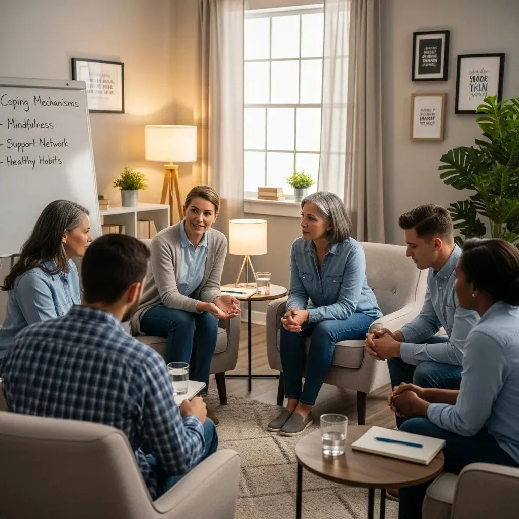 Prescription Drug Rehab Anthem, Nevada Group therapy session for benzodiazepine addiction recovery, featuring participants discussing coping mechanisms, mindfulness, and support networks in a comfortable, supportive environment.