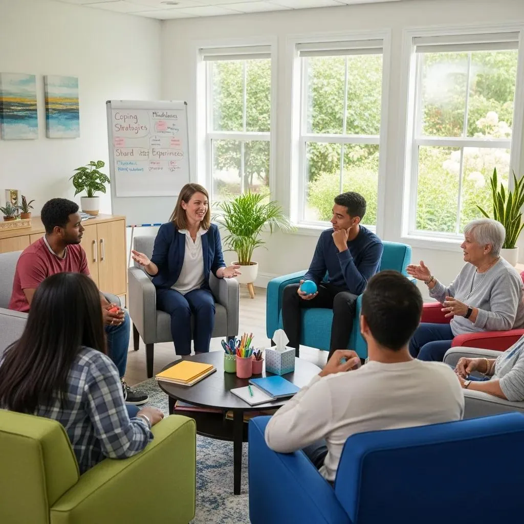 Group therapy session in an addiction treatment facility, therapist engaging with participants, discussing coping strategies, supportive environment with colorful seating and materials.