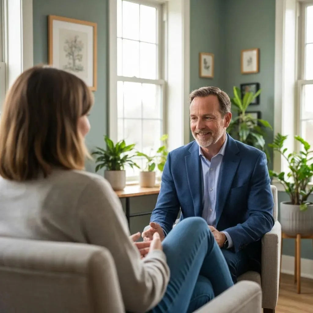 Therapist Meeting One‑On‑One With An Lgbtq+ Client In A Calm Therapy Room