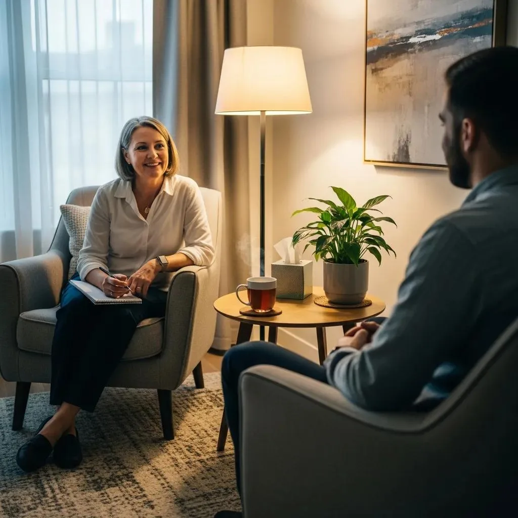 Therapist Meeting With A Patient In A Warm, Supportive Clinical Setting