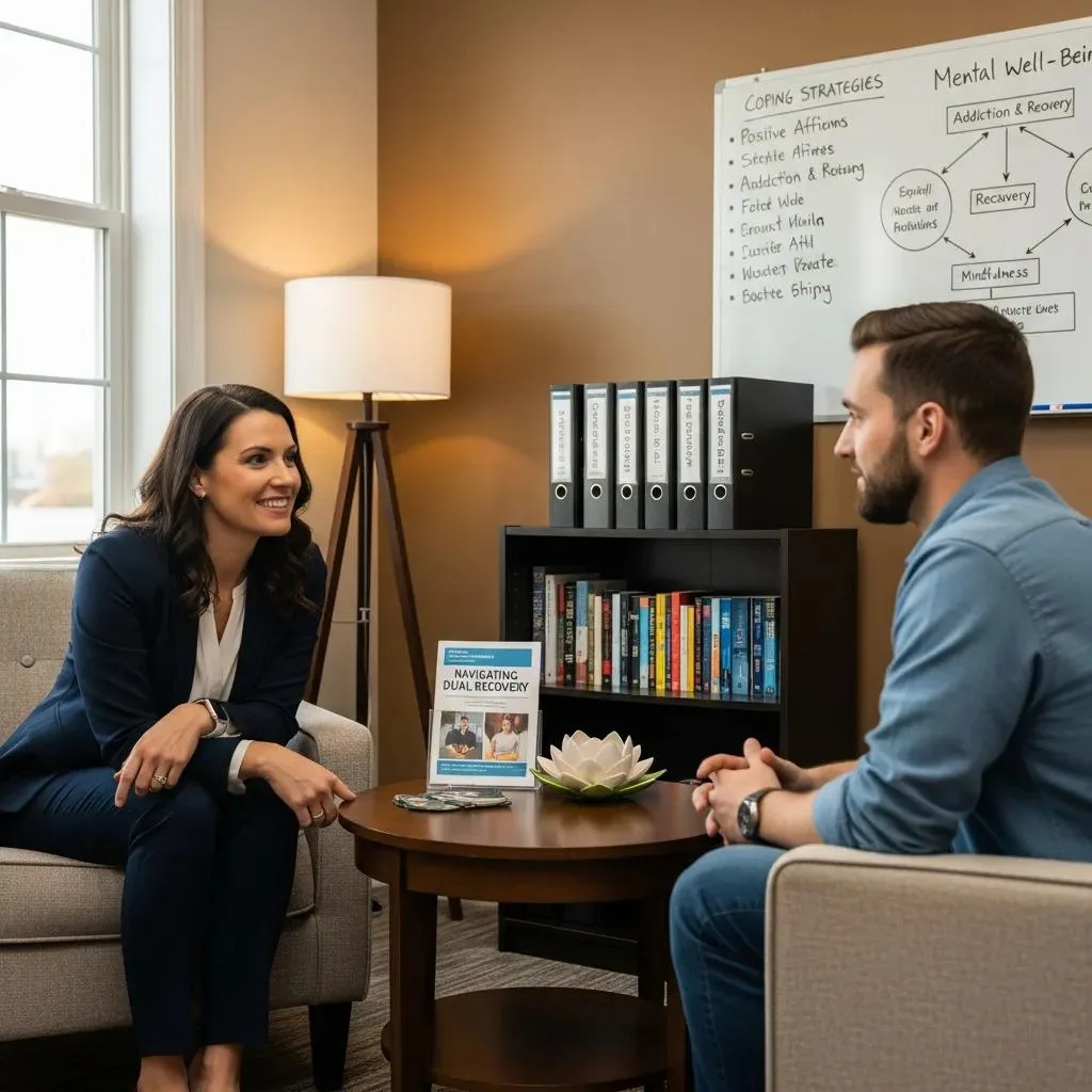 Therapist engaging with client in a counseling session focused on dual diagnosis treatment, featuring a book titled "Navigating Dual Recovery" on the table, with a whiteboard displaying coping strategies and mental well-being concepts in the background.