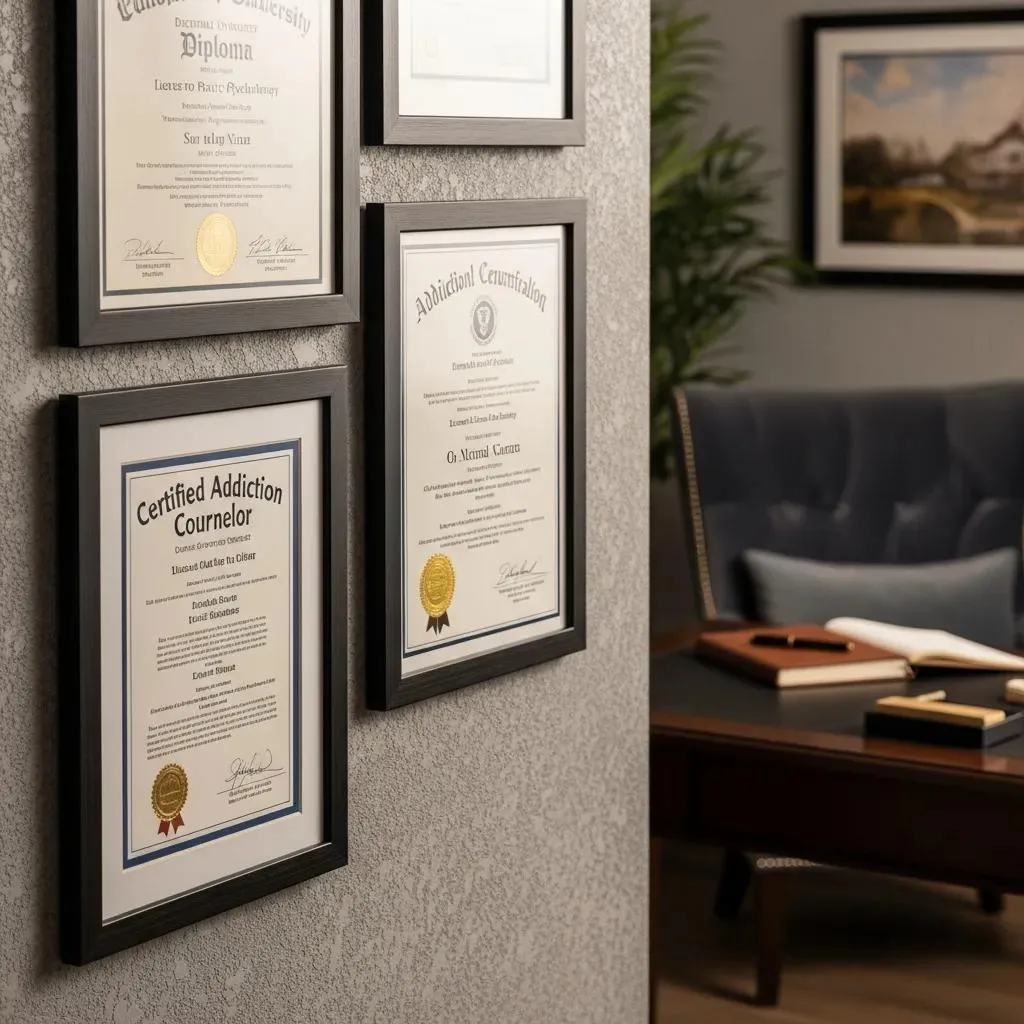 How To Find A Therapist For Addiction Recovery Framed credentials and certifications on a wall in a professional therapy office, highlighting qualifications such as Certified Addiction Counselor, emphasizing the importance of therapist credentials in addiction recovery.