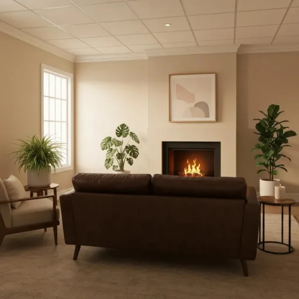 Blogs Cozy therapy room designed for Dialectical Behavior Therapy, featuring comfortable brown sofa, calming decor, plants, and a fireplace, promoting emotional regulation and distress tolerance.