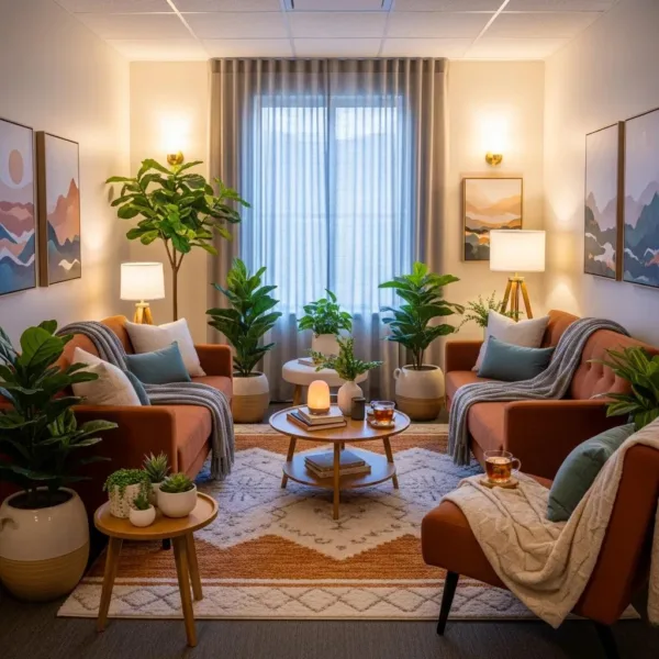 Therapy Room Designed For Dual Diagnosis Treatment, Featuring Comfortable Seating And Calming Decor