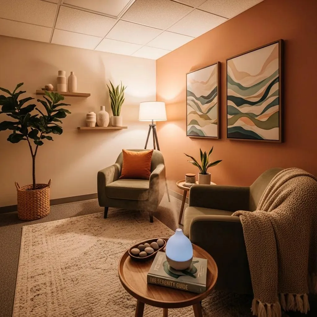 Cozy therapy room designed for emotional support in addiction recovery, featuring comfortable seating, soothing decor, plants, a lamp, and a diffuser, reflecting the principles of DBT for emotional regulation.
