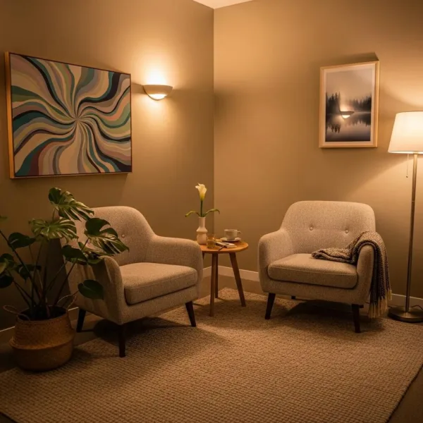 Blogs Cozy therapy room designed for psychedelic-assisted therapy, featuring calming decor, two comfortable chairs, a small table with a plant and a vase, and soft lighting, creating an inviting atmosphere for addiction treatment in Las Vegas.