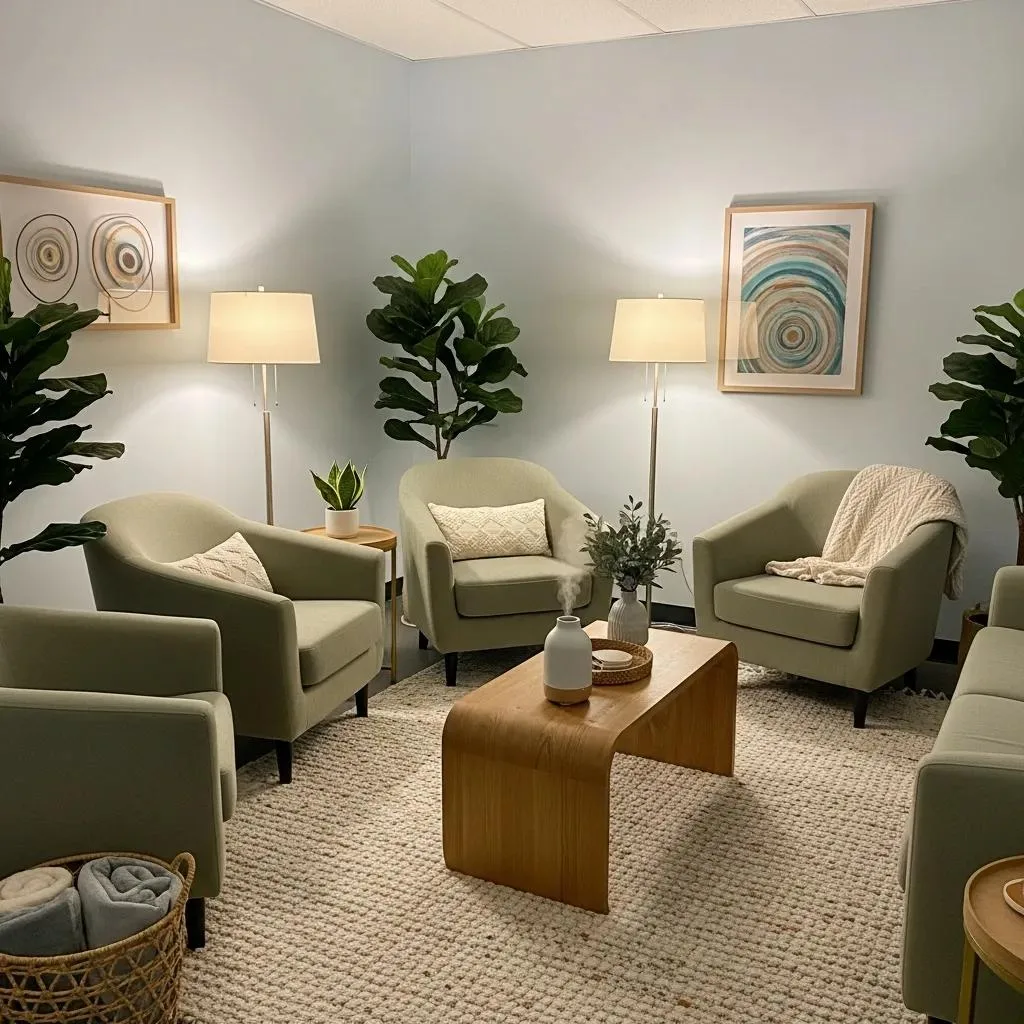 Trauma-Informed Care In Addiction Treatment Comfortable therapy room designed for trauma-informed care, featuring soft green chairs, ambient lighting, decorative plants, and a wooden coffee table, emphasizing safety and comfort in addiction treatment settings.