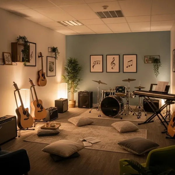 Therapy Room For Music Therapy In Addiction Recovery With Instruments And Calming Atmosphere