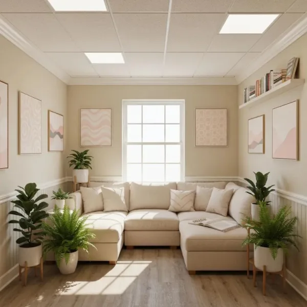 Therapy Room With Comfortable Seating And Calming Decor For Mental Health Support