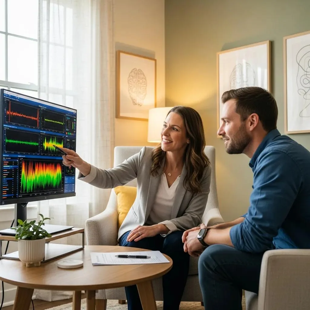 Clinician And Patient During A Neurofeedback Session, Demonstrating Collaborative Addiction Recovery Work