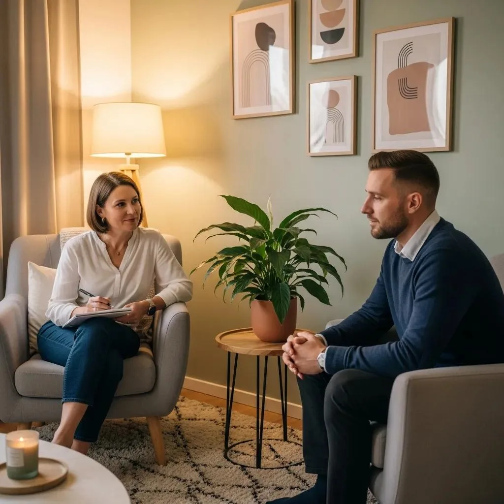 Cbt For Addiction Treatment &Amp; Recovery Therapist and client engaged in a cognitive behavioral therapy session in a cozy setting, with a plant and artwork in the background, illustrating addiction treatment and recovery strategies.