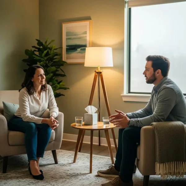Blogs Therapy session between a man and a woman in a supportive environment, illustrating cognitive behavioral therapy for addiction recovery, with a cozy setting featuring a lamp, plants, and a coffee table with tissues and glasses of water.